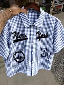 American Vintage Style New York Gingham Shirt, Loose Fit Short Sleeve, Casual College Wind, Versatile Streetwear Top, Comfortable Daily Wear