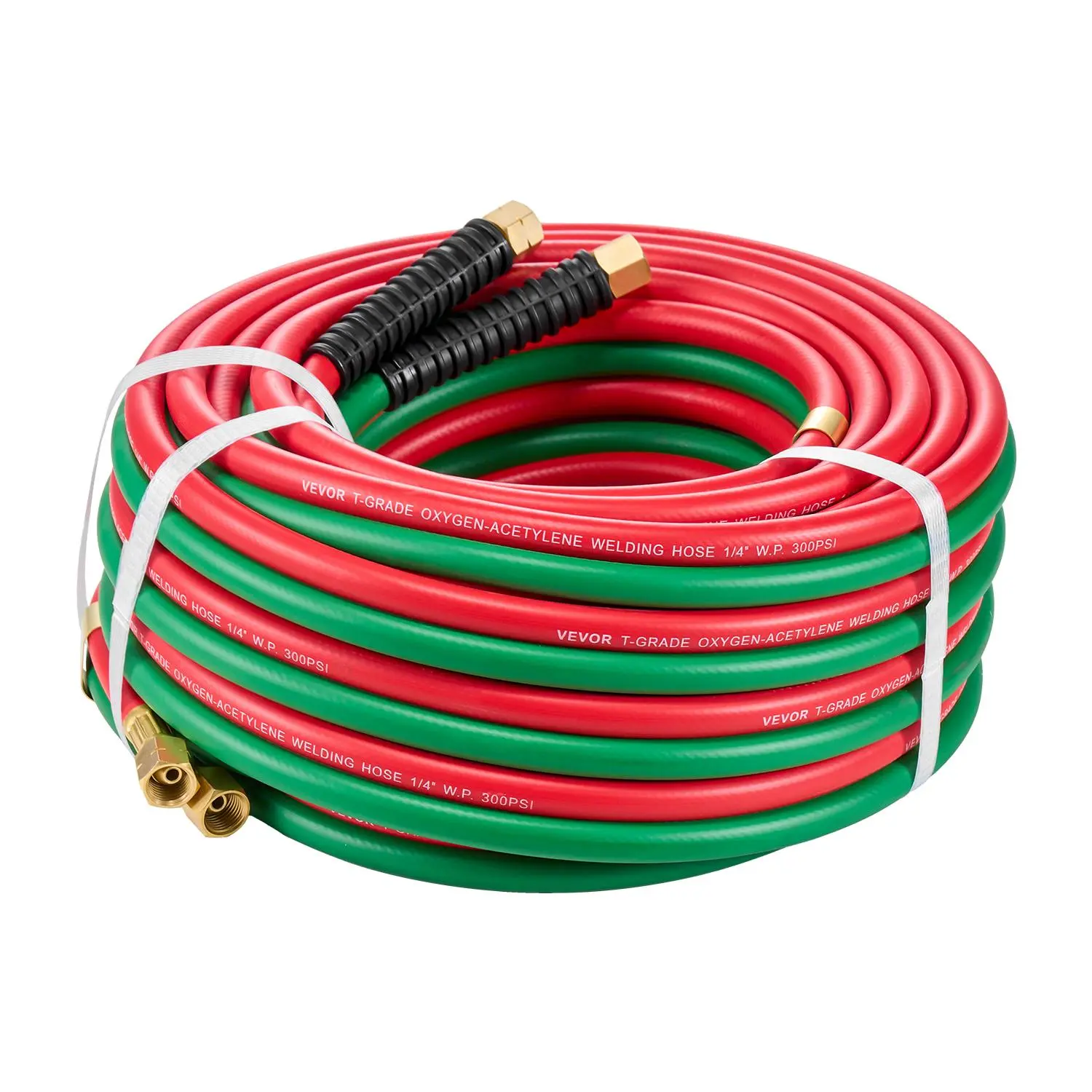 VEVOR Wear-Resistant Durable T Grade 1/4-Inch x 50FT Oxygen Acetylene Twin Hoses, 9/16"-18 B Left/Right Thread Fittings, 300PSI, Bend Restrictor, Compatible with Propane for Torch Cutting/Welding, Metalwork