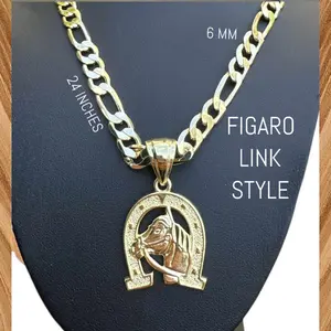 14K Gold Plated Hip-Hop Horseshoe Pendant Figaro Link Chain 24 Inch 6mm Necklace with Fashion Luxury Animal Accent