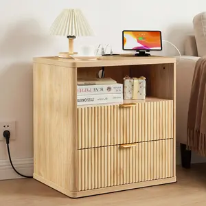 3-in-1 Bedside Table with Charging Station, Small End table Bedside Table with Outlets USB Ports for Bedroom, Natural Oak Bedroom Furniture for Home Office, Small End Table with Drawers and Open Shelf for Small Spaces