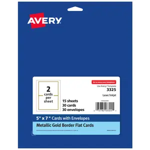 Avery Matte White Invitation Cards with Metallic Gold Borders, 5" x 7" Printable Cards, 30 Blank Greeting Cards (3325)
