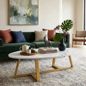 Modern Oval Faux Marble Coffee Table, MDF Waterproof Marble Grain Center Table with Gold Metal Y-shaped Support Legs, Anti-scratch Rounded Corner Accent Tea Table, Easy Assembly Stylish Home Furniture for Living Room Small Space Decor