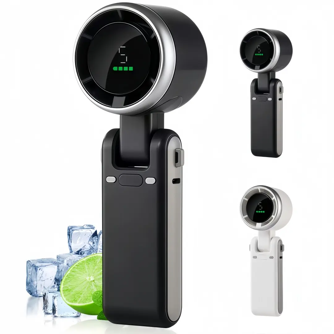 LMMAKE 1PC Turbo Mini Portable Strong Airflow Fan - USB-Powered Rechargeable, 800mAh Battery, LED Display & Light, 180° Collapsible, 5-Speed, 3-in-1 Wind Design, Student Carry Fan for Outdoor & Household Use
