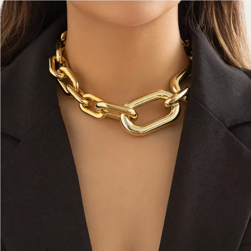 Women's Gold Chunky Link Cable Chain Choker - Vintage Heavy Thick Large Statement Heavy Metal Costume Jewelry Piece, Cable Chain Necklaces, Chain Links Necklaces