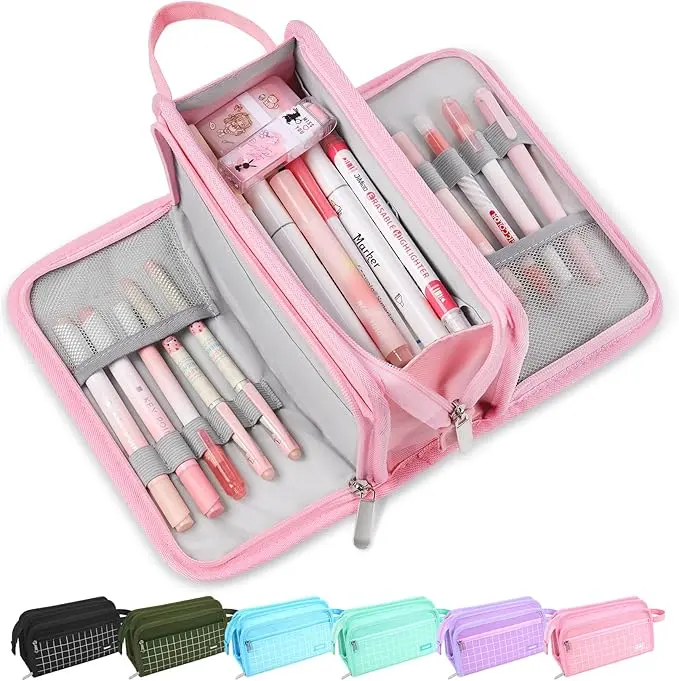 Large Pencil Case, Big Capacity Pencil Pouch Pen Bag with 3 Compartment, Portable Canvas Stationery Organizer with Zipper, Cute Aesthetic School Supplies for Teen Girls College, Pink with Plaid