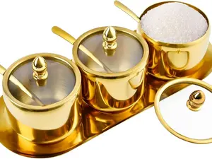 3 Pcs Gold  Stainless Steel Seasoning Jar Set with Tray Glass Lids and Spoons for Coffee Bar Organization