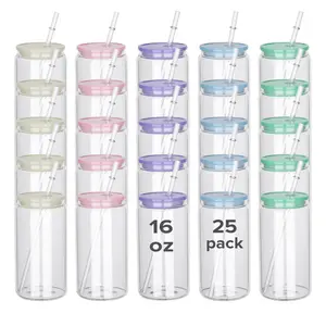 25pcs Sublimation Glass Tumblers 16 OZ Clear Tumbler Cans with Plastic Straw and Colorful Plastic Lid Sublimation Blanks Glass Tumbler Wholesale Supplier Sublimation Glass Can Vinyl  Glass Cup Bulk