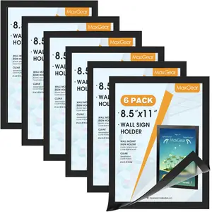 MaxGear 8.5x11 Wall-Mount Strong Magnet Metal Border PVC Transparent Sign Holder, Self-Adhesive Photo Display Frame, Portrait/Landscape Format, for Office Decor, 6-Piece Pack