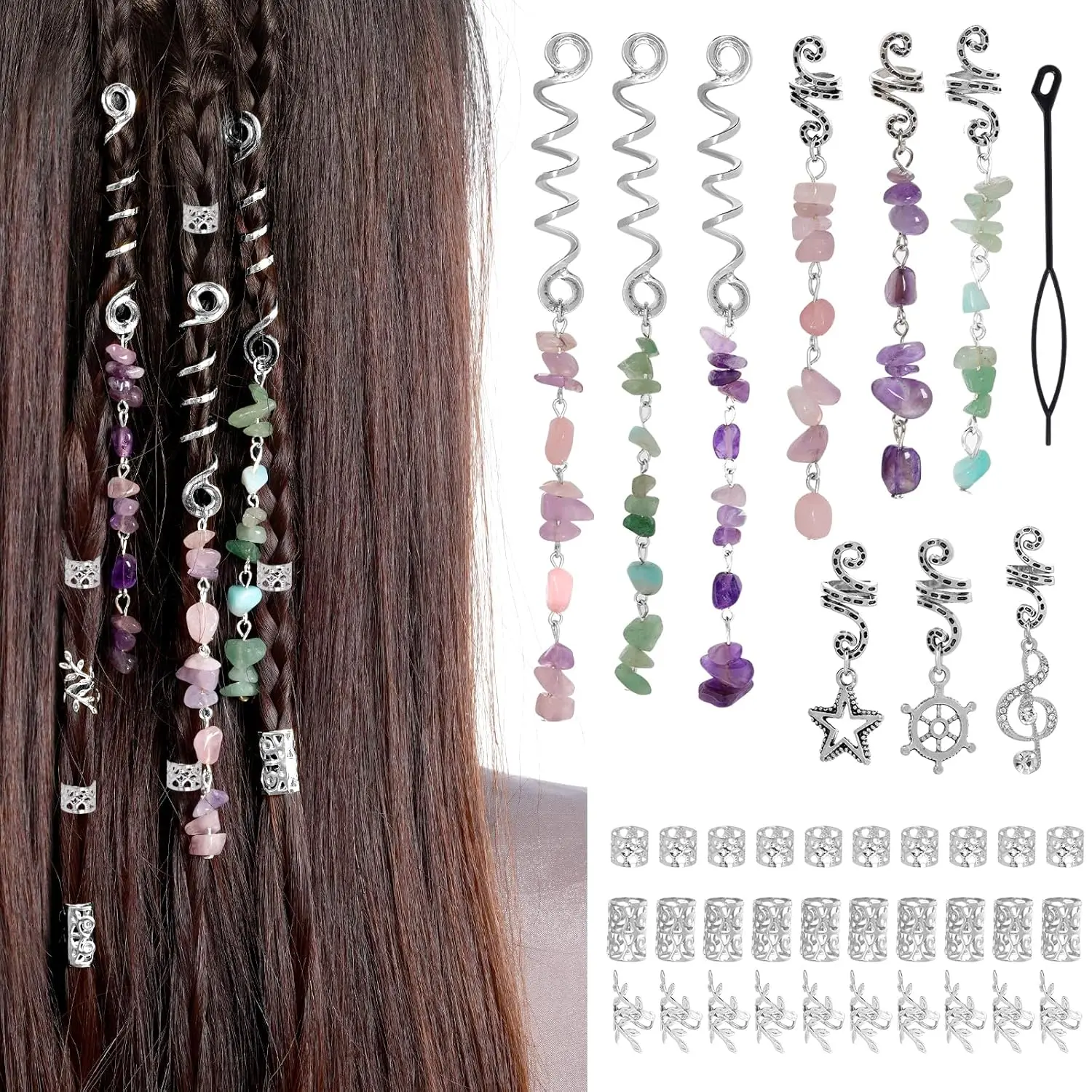 Women's 40-Piece Lightweight Natural Crystal & Silver Metal Loc Jewel Hair Accessory Set - Spiral Cuffs, Rings, Sapphire Leaf Charms, Pendants for Braids, Dreadlocks, Ponytails, Twists - Halloween, Weddings, Colorful Gifts for Friends, Family, Cosplay, Fe