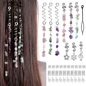 40Pcs Natural Colored Crystal Stone Hair Accessories Metal Hair Charms Silver Loc Dreadlock Spirals Cuffs Rings for Women's Hairstyles High Quality Lightweight & Durable