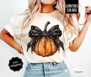 Bow Pumpkin Shirt Comfort Colors, Fall Tshirt, October Vibes Shirt for Women Oversized Crewneck Tee