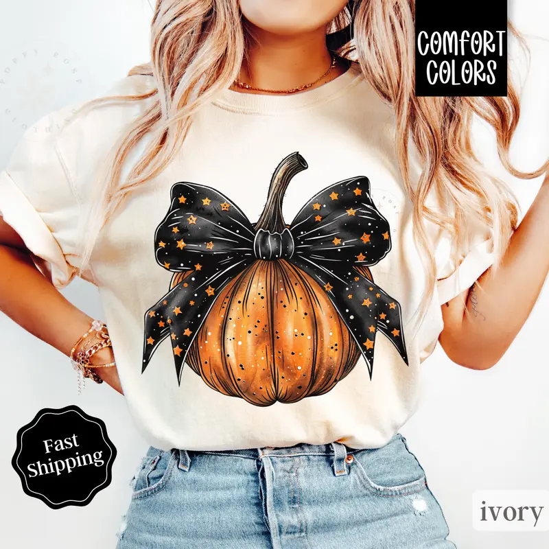 Bow Pumpkin Shirt Comfort Colors, Fall Tshirt, October Vibes Shirt for Women Oversized Crewneck Tee