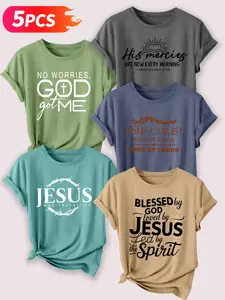Christian Faith Women's Casual Aesthetic Round Neck cotton T-Shirt Set, Best Selling Bible Verses & Jesus Print Short Sleeve Tops, Spring Summer Wear