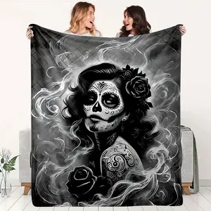 270G Flannel Blanket Black and White Day of the Dead Art Pattern Mexican Skull Girl Print Soft Comfortable Home Sofa Throw Blanket Bedroom Decorative Blanket Thick Warm Four Seasons Available