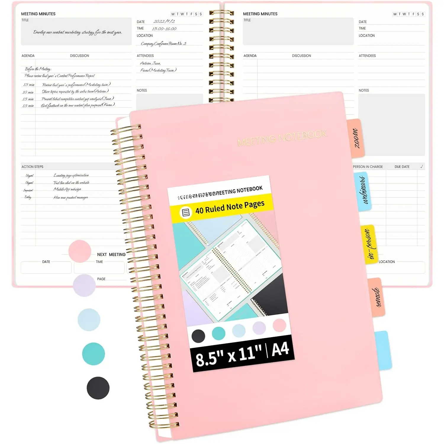 Meeting Notebook for Work with Sticky Tabs - 160 Pages, A4 Size Project Planner, Spiral Meeting Agenda/Minutes Notebook Organizer for Women Men, Note Taking, Office & Business, 8.5"x11",