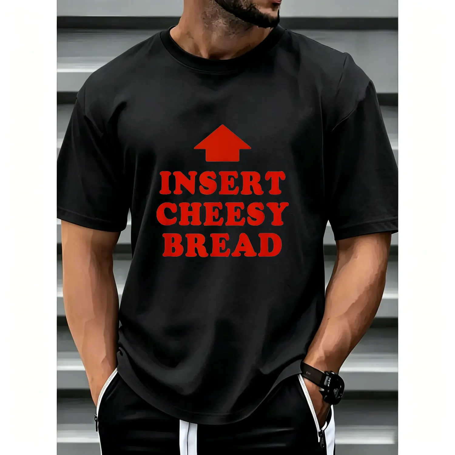 Cheesy Bread Lettering And Arrow Design Cotton T-shirt