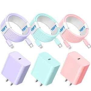 For iPhone 14 Charger,20W PD USB C Quick Charger With USB C to Lightning Cable 3Pack 10FT Long Cables,Type C  Charger Cord Fast Charging for IPhone 14 13 12 11 Pro Max X XS XR 8 7 6s Plus SE -Purple&Blue&Pink