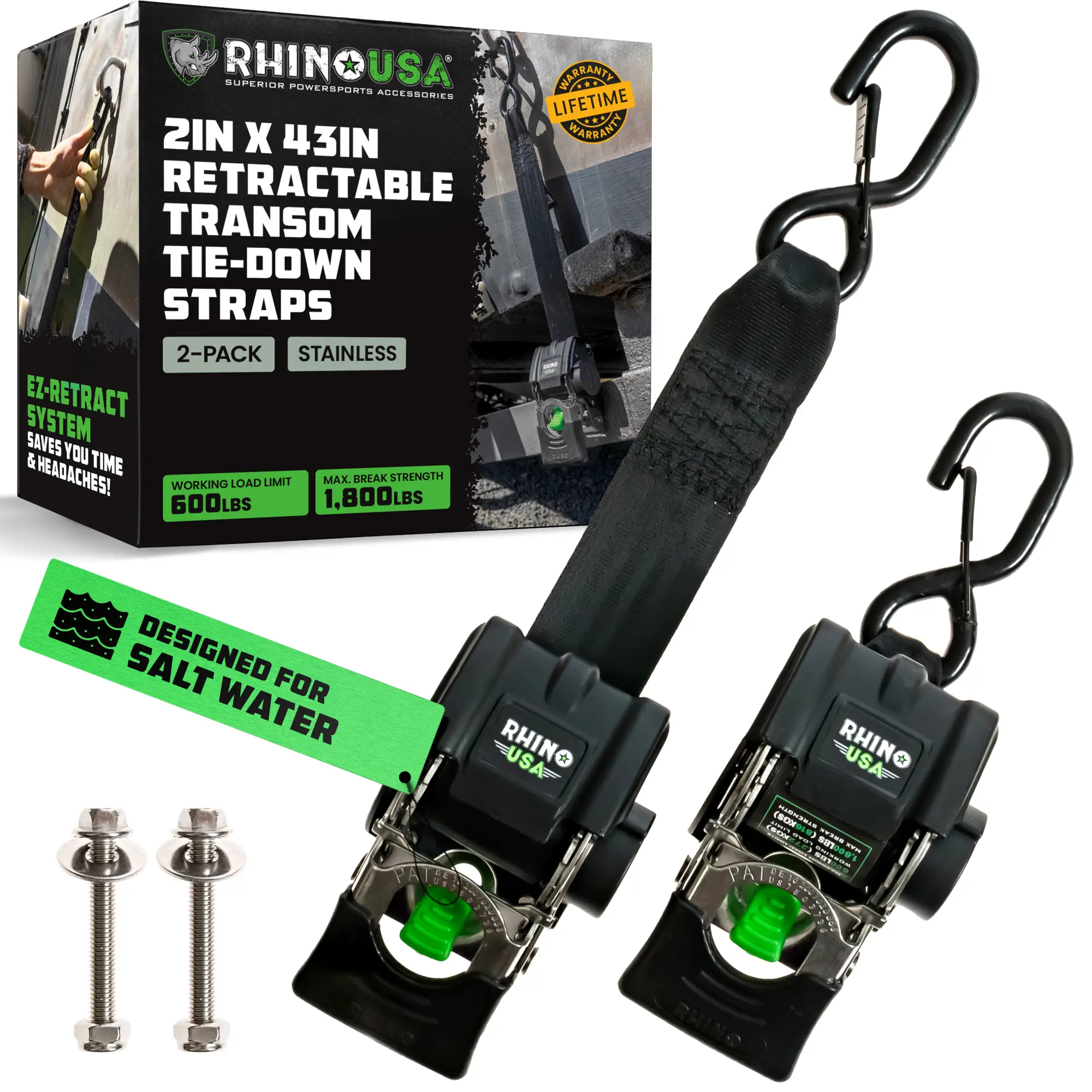 Rhino USA Retractable Boat Trailer Tie Down Straps 2PK – Durable (2in x 43in) Trailer Mount Transom Straps for Boat, Jet Ski – Stainless Steel – Salt