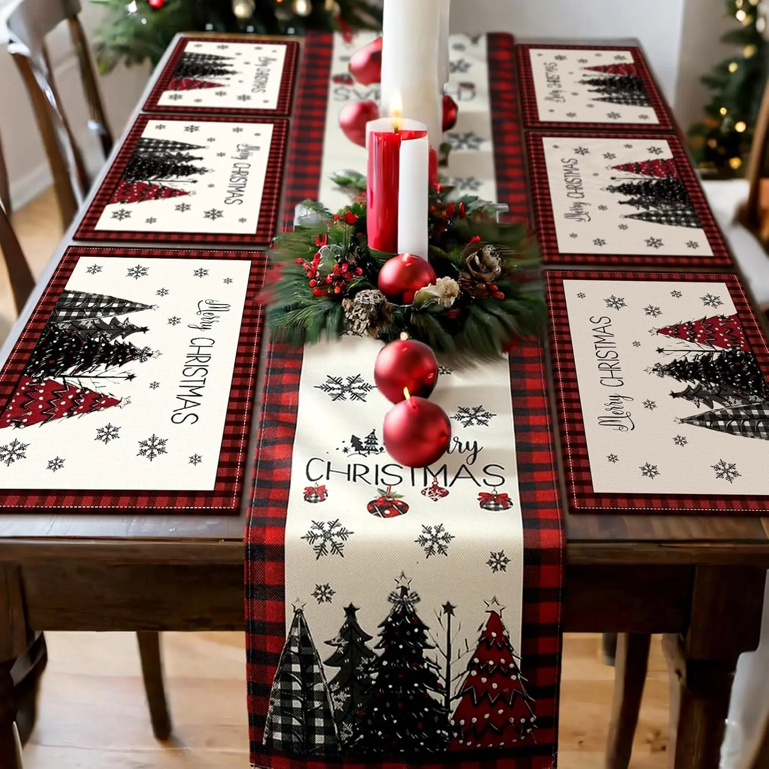 1/4/5/7 piece set, Christmas Decorations, Christmas table flag and placemat set, Christmas Water Buffalo checkered table flag placemat red black suitable for holiday kitchen, restaurant, party, wedding decoration, Table Runner