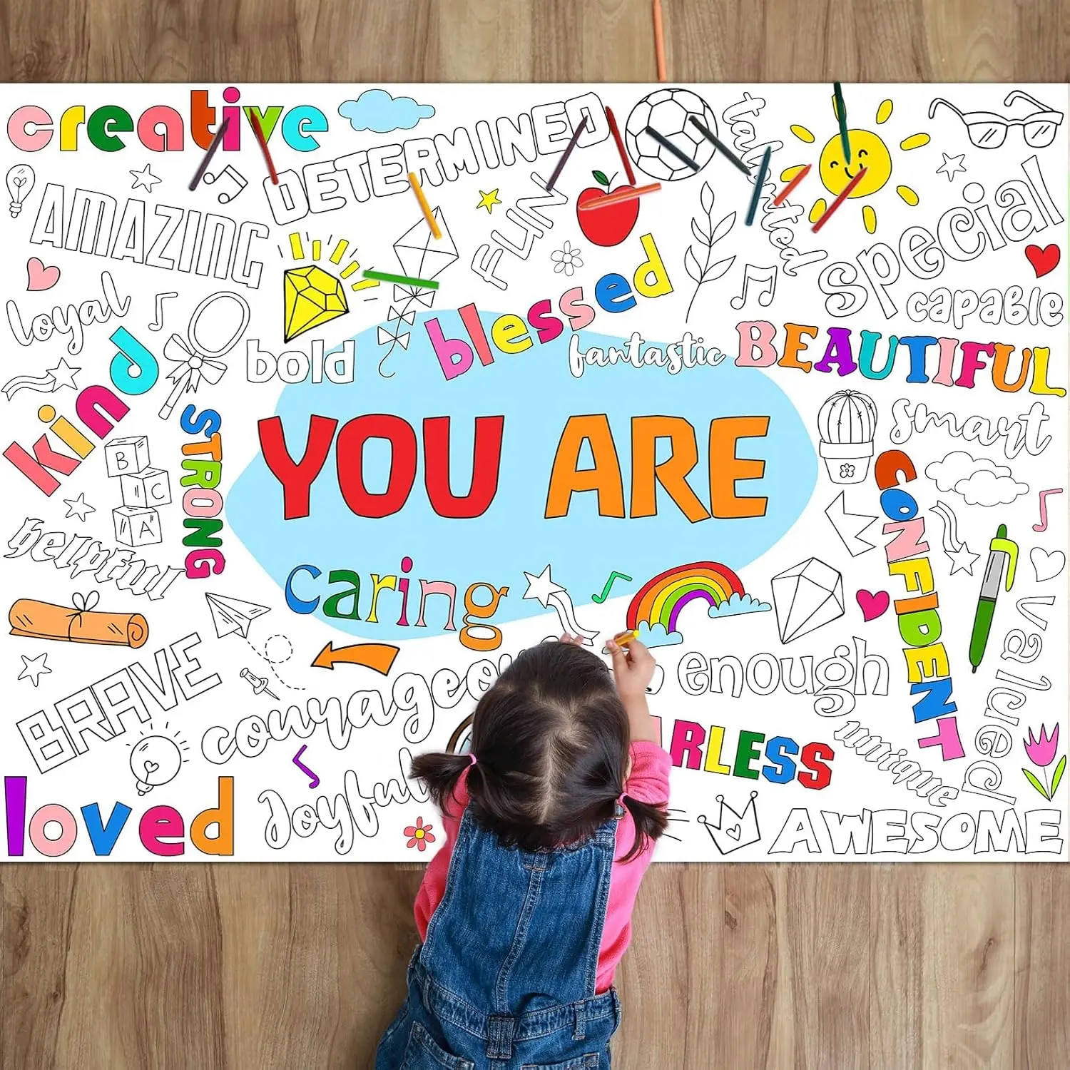 Positive Coloring Poster for Kids Giant You Are Coloring Poster Large Positive Affirmations Coloring Tablecloth Jumbo Coloring Books for kids Classroom Home Birthday Party Supplies
