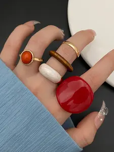 Creative Resin Wine Large Size Ring Set, Stacking Rings, 5 Piece Ruby Inlaid Rings, European and American Style, Wholesale Jewelry