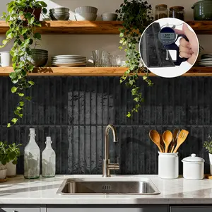 12/24/48PCS ETP 3D Epoxy Charcoal Black Vertical Tile Stickers, 1.2mm Thick Self-Adhesive Waterproof Oilproof Kitchen Backsplash Wall Decals
