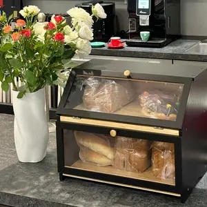 HOMEKOKO Double Layer Large Capacity Bread Box for Kitchen Counter, Wooden Black Bread Storage Bin for Kitchen Countertop, Kitchen Organiser, Pantry Storage Containers Utensils