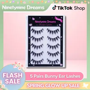 Ninetynine Dreams 5 Pairs Bunny Ear Lashes | Dramatic Spiky False Eyelashes Anime Manhua Douyin Style — Reusable Ultra-Thin Flexible Band Strip Lashes for Bold Glam Makeup Looks