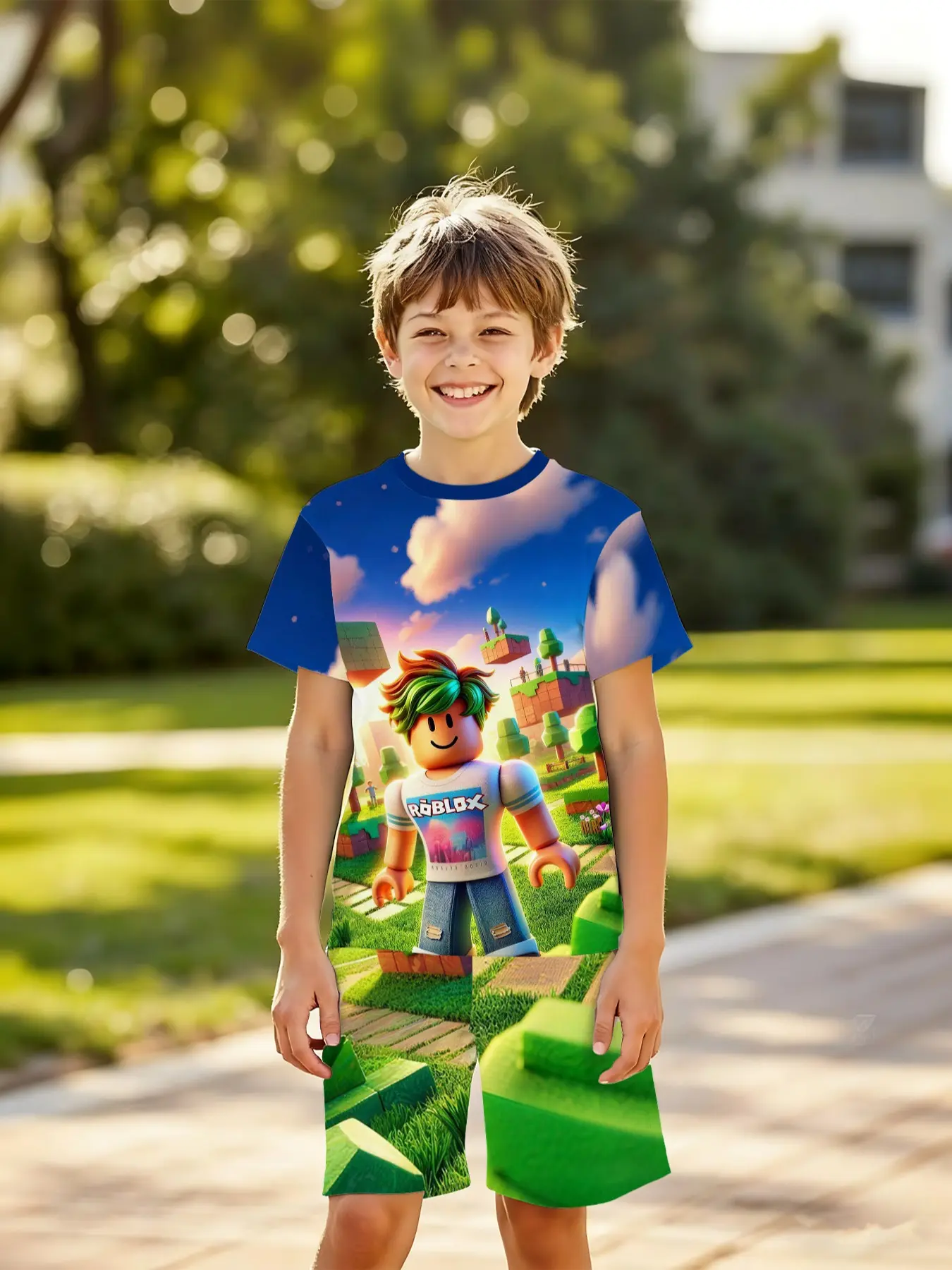 Boys' 3D Snug Summer Clothing Set, Clothes Kids, Cool Roblox Block Character Game Scene Print, Casual Daily Wear, Outdoor Suitable, Holiday Gift, Birthday Present