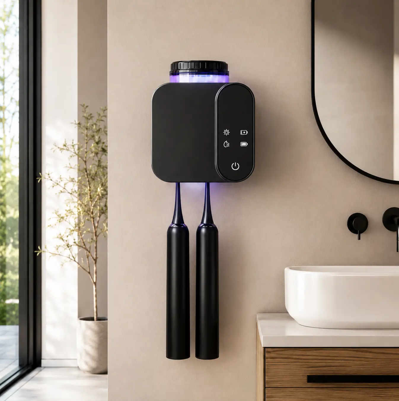 Wall-Mount Toothbrush Sanitizer and Holder for Bathroom - UVC Sterilization, LED Status Light, Electric 2-Brush Capacity, Space-Saving Bathroom Organizer