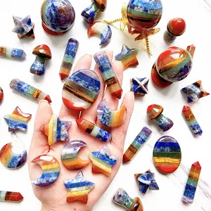 1 countSeven Chakra Crystal Colorful Gemstone Stitching Tower Sphere Mushroom Worry Stone Skull Pyramid Kappa Star Moon Shape Ornament Home Decoration