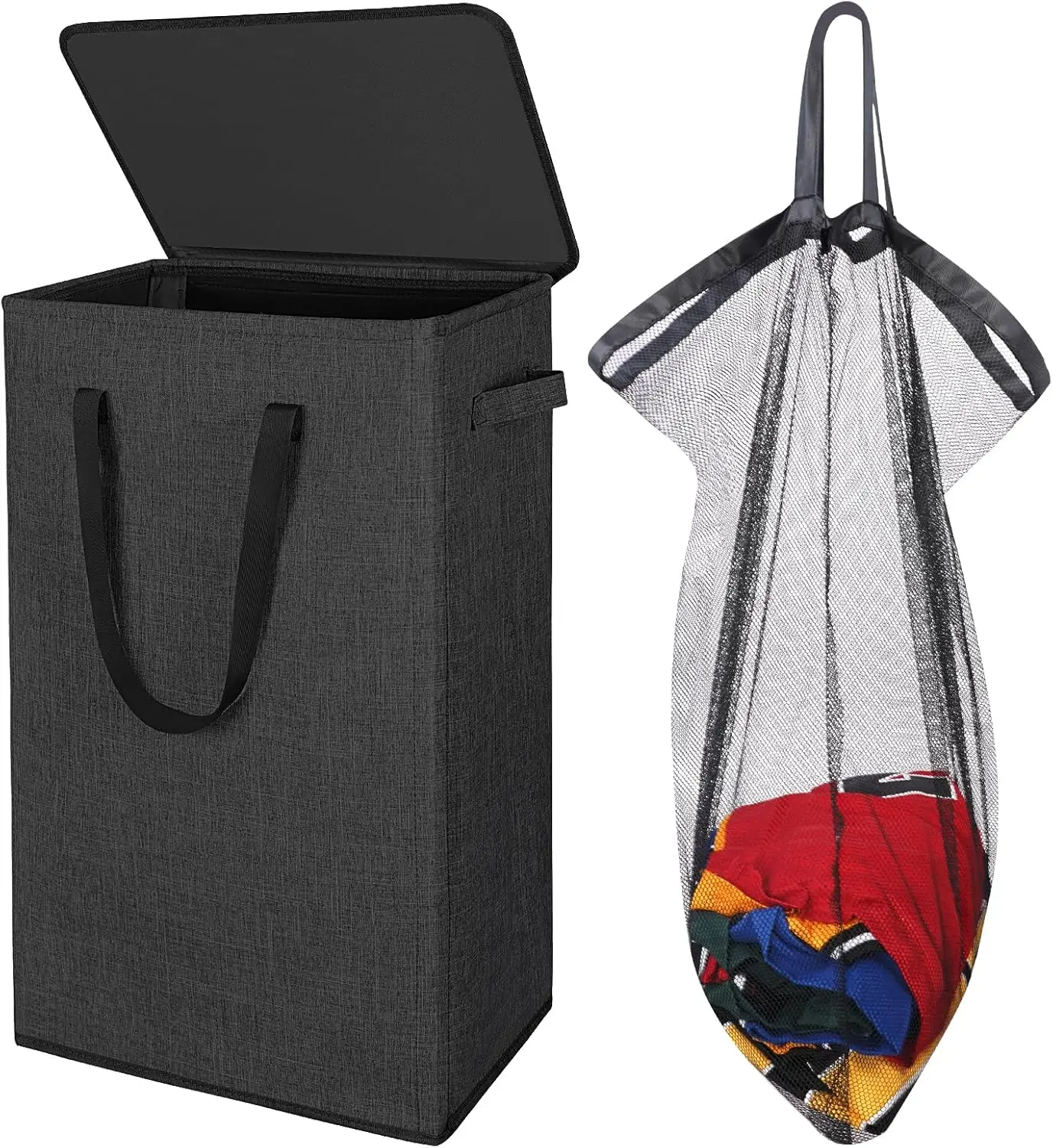 75L Slim Laundry Hamper with Lid,Large Foldable Laundry Basket with Removable Bag and Handles Tall Collapsible Dirty Clothes Basket  for Bedroom, Bathroom, Dorm, College,RV.(Black, 75L)