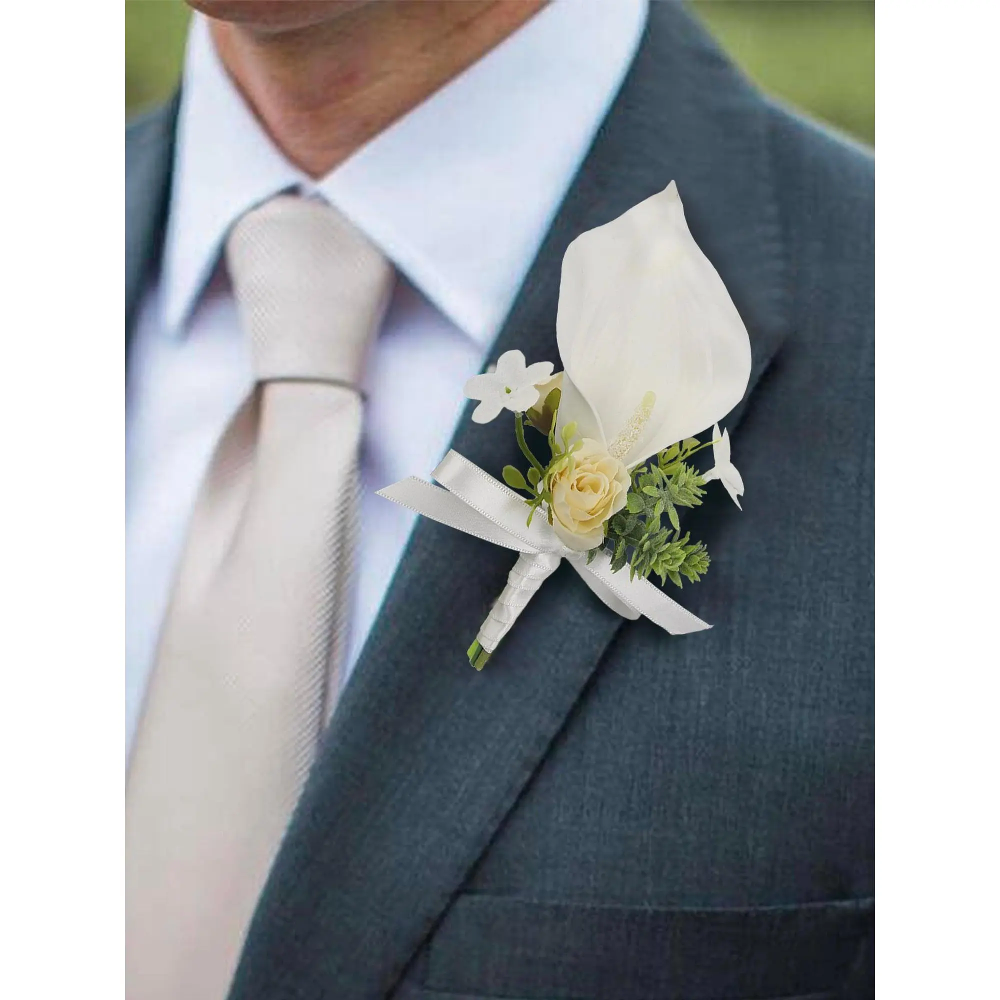 Rinlong 6Pcs Silk Floral Boutonnieres - 5" Tall, Compact, Assorted Calla Lily & Rose Flowers for Weddings, Party Supplies