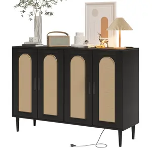 Boho Rattan Sideboard Buffet Cabinet with Power Outlet – 4 Door Storage Console Table – Adjustable Shelves – Entryway, Dining Room, Hallway, Living Room, Coffee Bar – Natural Wood Accent