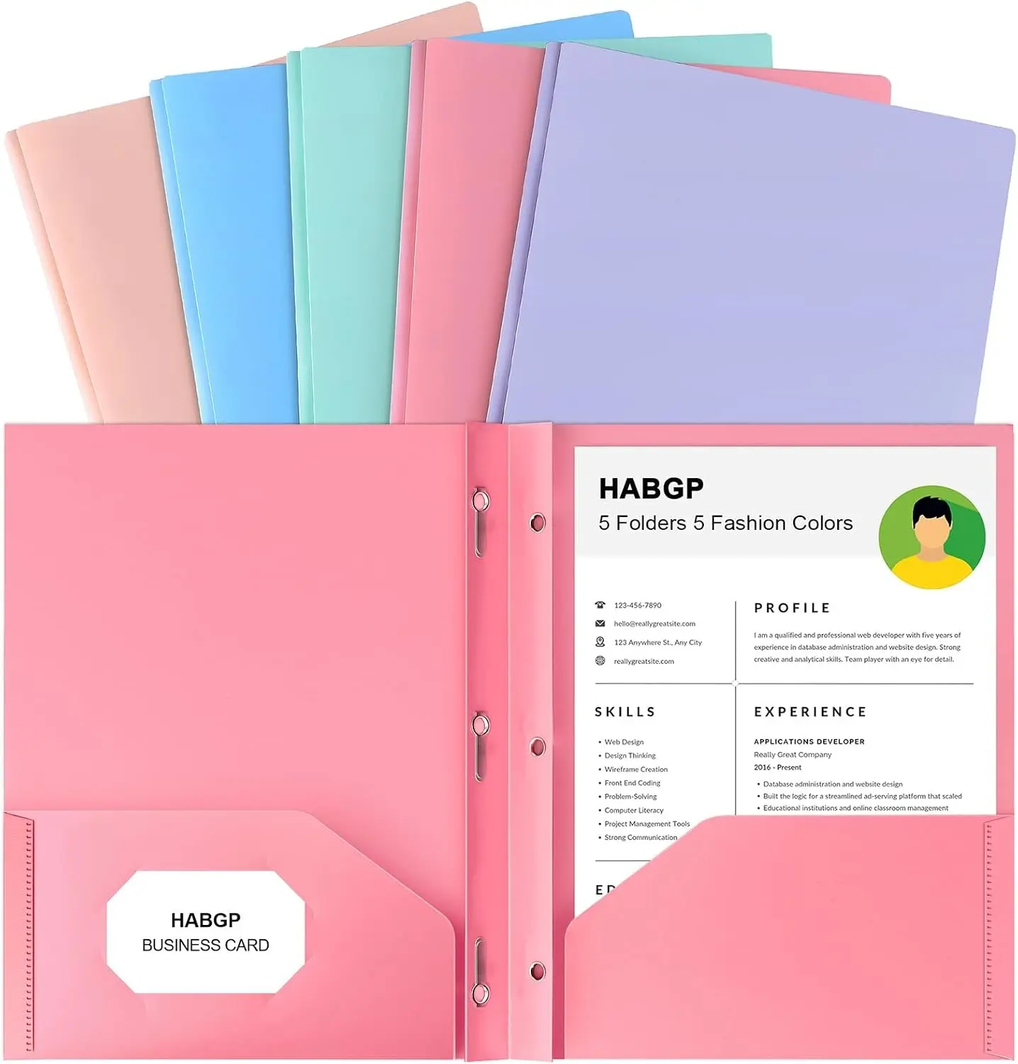 Two Pocket Folder With Prongs (5 Pack, Pastel Colors), Plastic Folders With Pockets and Business Card Holder, Fit Letter Size, for Organizing Papers in School, Office & Business