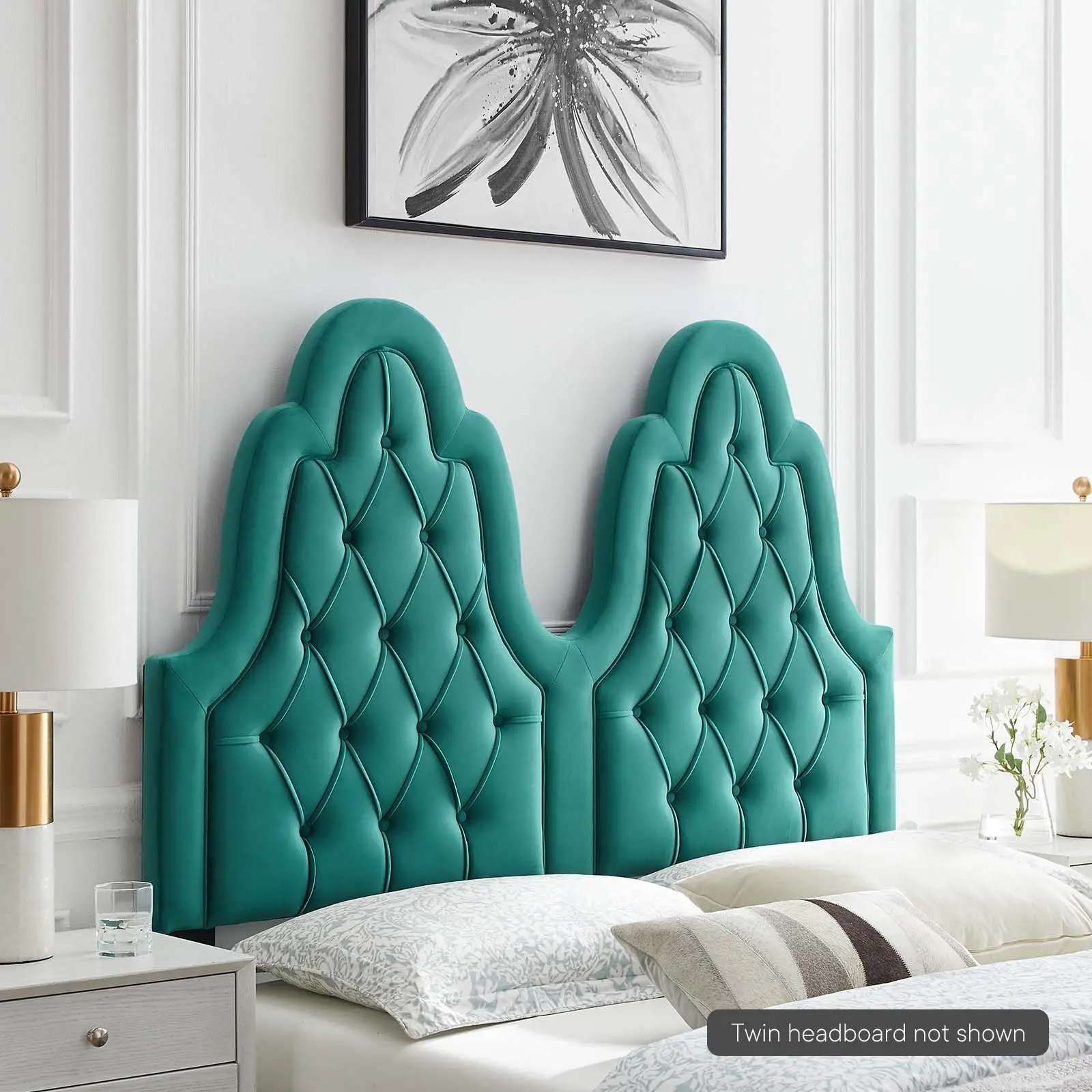Modway Augustine Upholstered Diamond Tufted Performance Velvet Twin Headboard - Teal, Indoor Use, Bedroom Furniture with Adjustable Design, French Piping Detail, Assembly Required