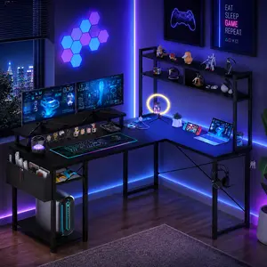 49''W Reversible L-Shaped Computer Desk with LED Lights & Power Outlets，Modern Corner Gaming Desk with Monitor Stand & Storage Shelf, Home Office Desk