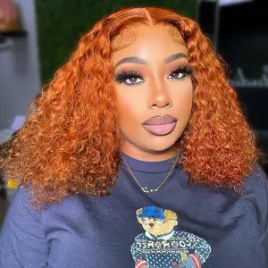 #350 Orange Ginger Deep Wave BOB Wig Human Hair 13x4 HD Lace Frontal Short Curly Ginger Orange Lace Front BOB Wigs For Black Women Human Hair Pre Plucked Wear And Go Glueless Wigs