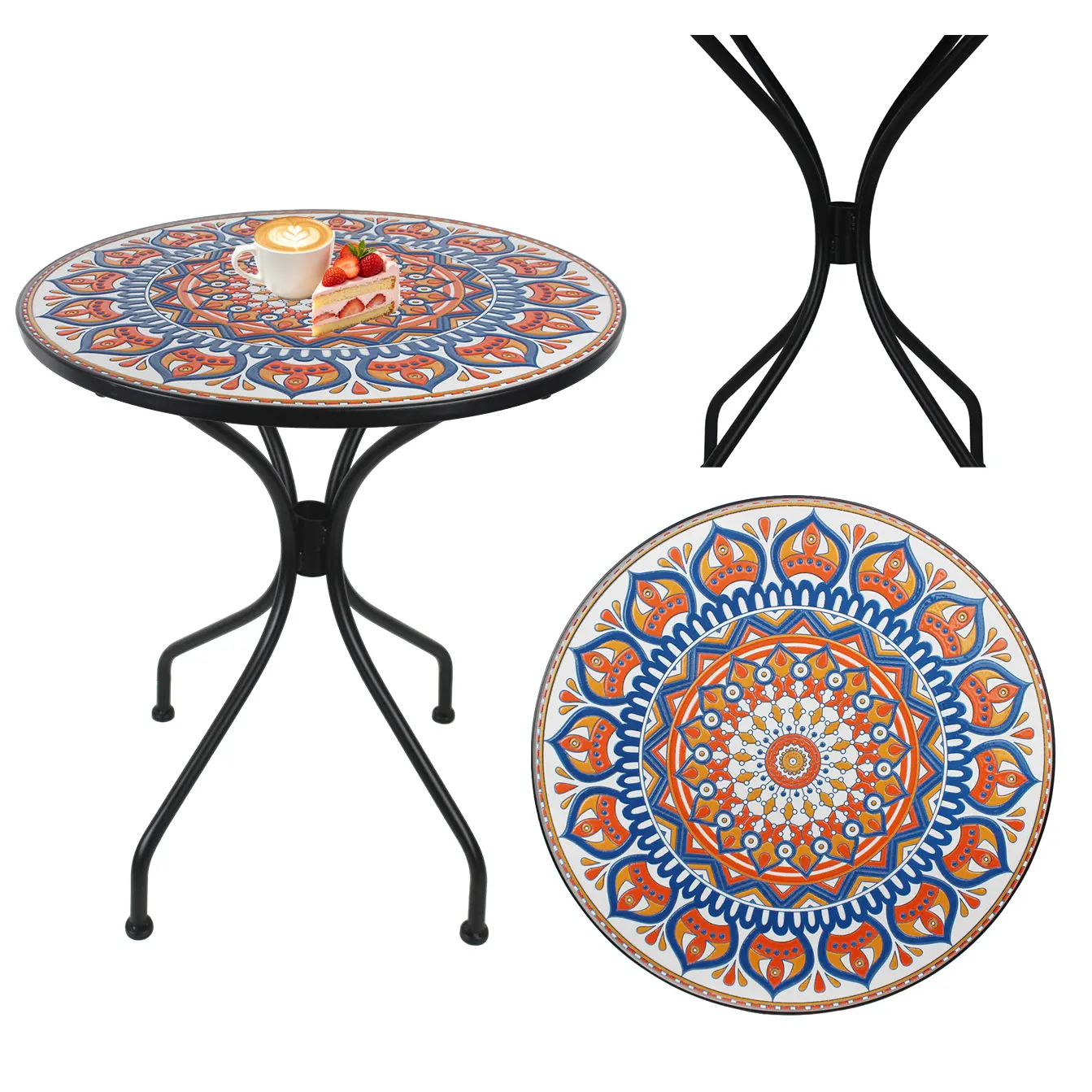 23.6 in Round Folding Mosaic Bistro Table - Ceramic Tile Top, Steel Frame Outdoor Side Table for Garden, Backyard, Outdoor Decor