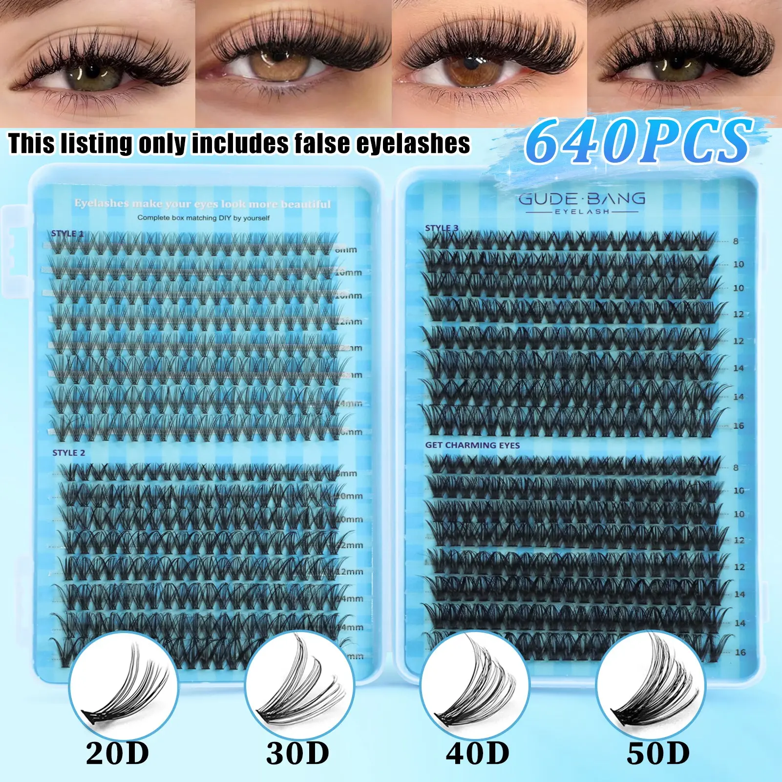 640pcs False Eyelash Extension Set, High Capacity, Fluffy Volume Eyelashes, 20D/30D/40D/50D, D Curl, Fluffy, DIY, Daily Use, Party, Travel, Gift, Makeup