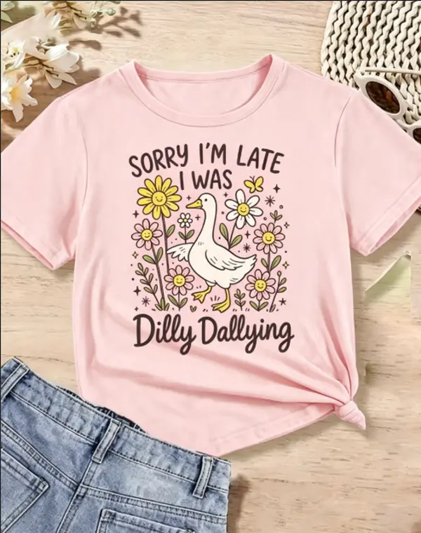 Sorry I'm Late I Was Dilly Dallying Round Neck Short Sleeve Pink T-Shirt - Playful Goose Design with Floral Elements, Stylish Casual Top for Summer Outings or Relaxed Days