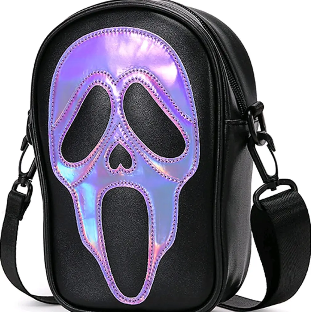 Women's Ghost Mask Halloween Crossbody Purse - Cute Novelty PU Leather Bag, Spooky Adjustable Strap Shoulder Bag, Lightweight, Waterproof Material, Perfect Halloween Gift, Holographic