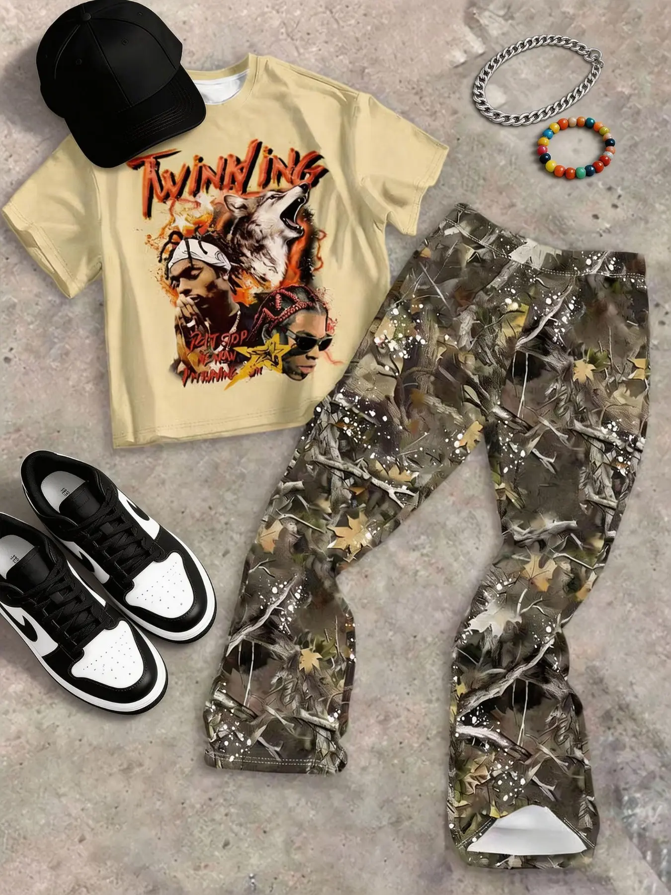 Youth Boy Fashion Two-Piece Set, Outfits Set, Matching Set, Cartoon Print Set, Round Neck T-Shirt & Bell Bottoms, Casual for Summer and Fall, Trendy Kids Clothing