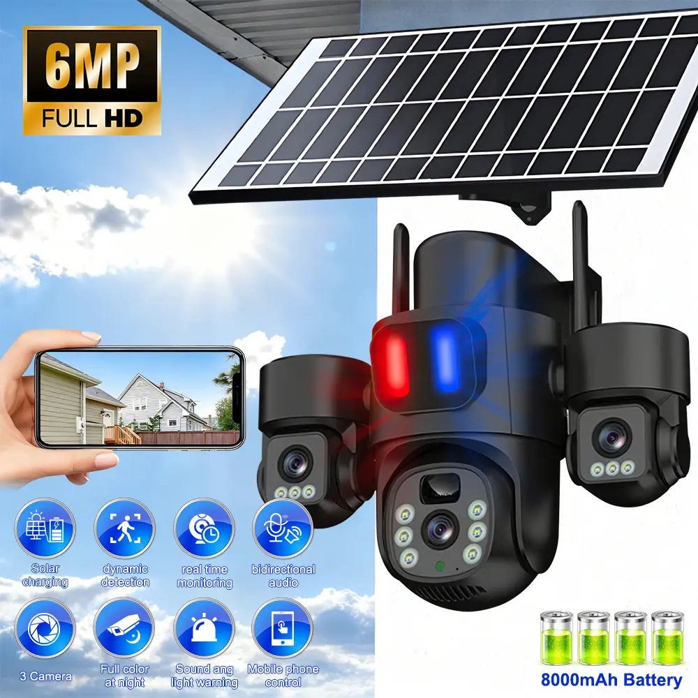 6MP Outdoor Wireless Solar Security Camera, Triple Lens, 8000mAh Large Battery, 3-Angle Simultaneous Monitoring, Red-Blue Light Siren Alert, Motion Push Alert for Home CCTV Systems, Security Cameras for Home