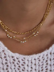 Ladies Necklace Set Stackable Round Zircon Handcrafted Chain Stainless Steel 18k Gold Plated Waterproof And Anti Allergy Classic And Fashionable Party Jewelry Layered Necklaces