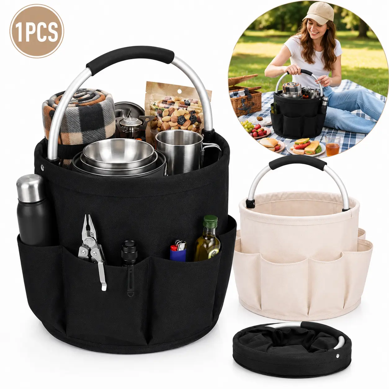 Foldable Picnic Basket with Handle, Portable Collapsible Storage Basket for Outdoor Picnic Camping Beach Travel & Home Organization