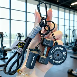 Fitness Keychain Set (4-Piece) – Dumbbell & Barbell Gym Keychains with Braided Rope and Water Bottle Charm, Unisex Sports Bag & Backpack Pendant, Cute Workout Accessory for Couples, Gym Lovers & Holiday Gifts