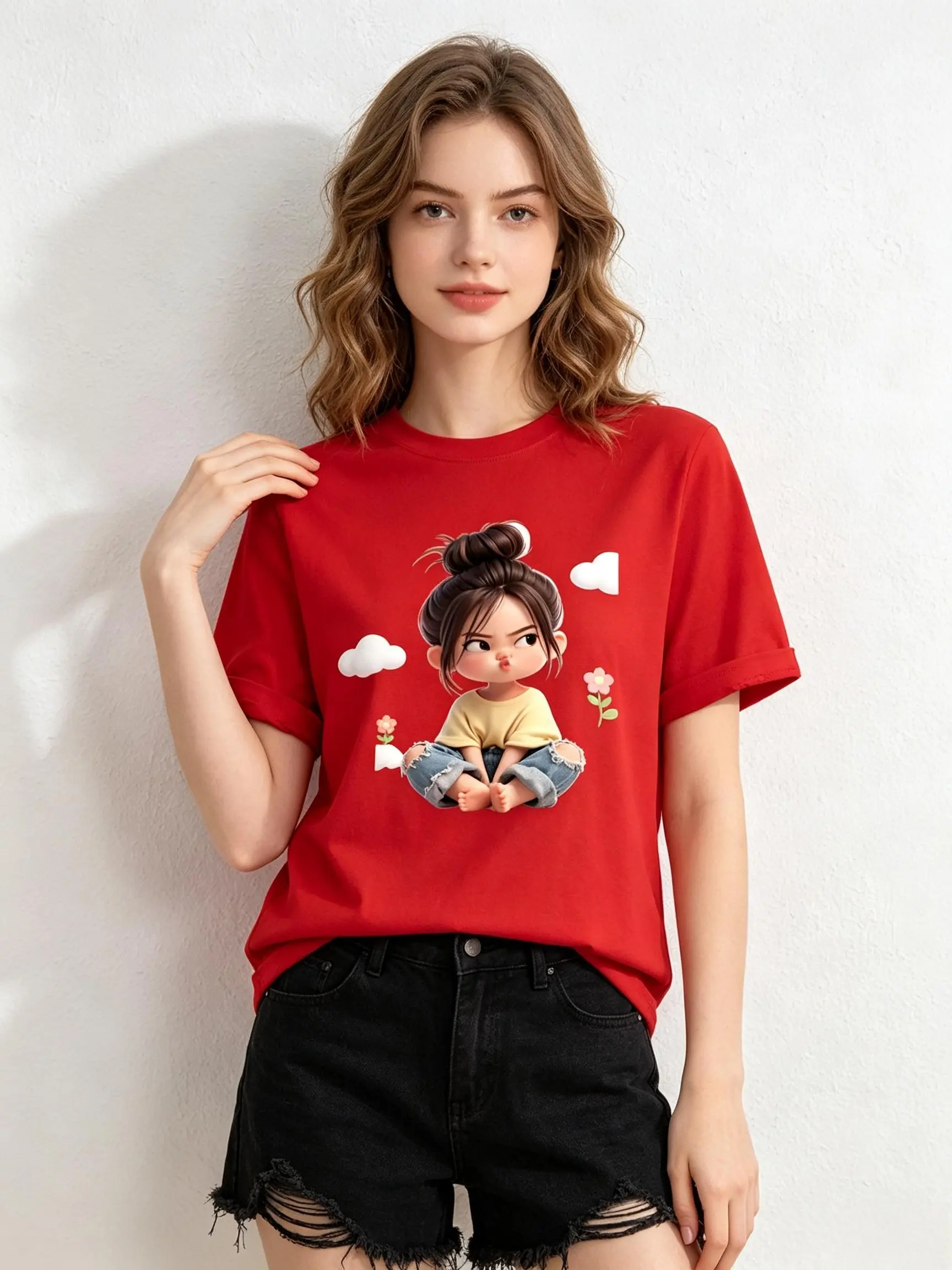 Women's Premium Cotton Cartoon Girl & Clouds Graphic T-Shirt - Short Sleeves, Crew Neck, Fitted, Elastic, Comfortable, Blush Pink Aesthetic, Casual Girly Tops, Valentine's Day Colorful Style All Seasons Beach Tee Sohochic, Valentines Day, Cartoon Style