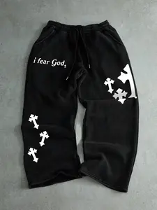 Trendy Street Style Drawstring Sweatpants, Cross Print, Casual Fashion, Comfortable Fit, All Occasion Wear, Home & Outdoor, Sports Casual Pants, Athleisure Style Bottoms, Casual Fitness Pants