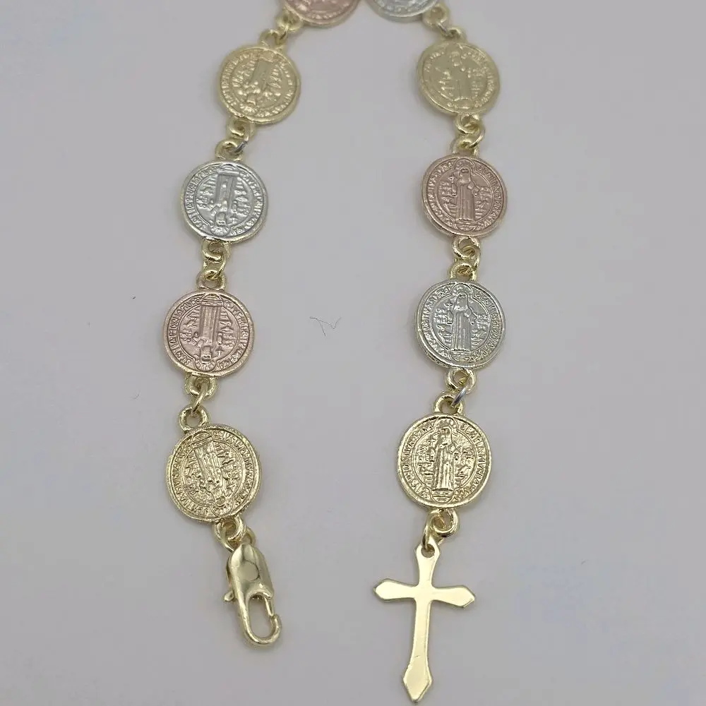 SAINT BENEDICT bracelet Gold-plated three colors 7 ½inches coins style religious design